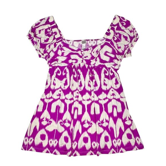 VTG Y2K Babydoll Top Sz.M Ikat Print Short Puff Sleeve Boho Coquette Festival - Picture 8 of 10